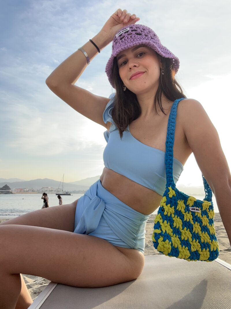Bolsa crochet cuadros azul y verde - Imagen 2