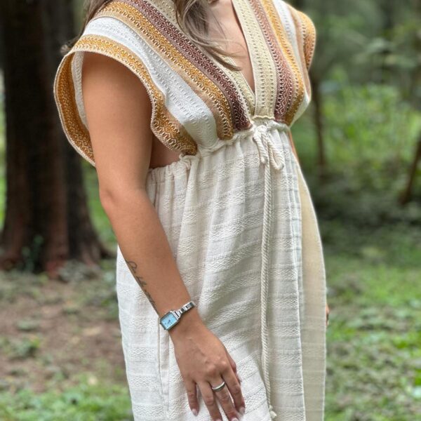 Vestido Nuba Beige, Franjas Cafe y Mostaza