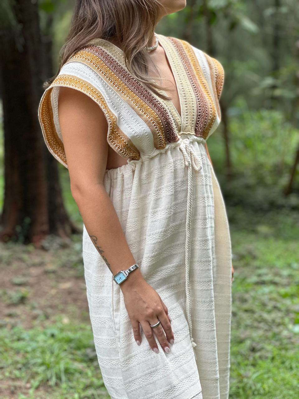 Vestido Nuba Beige, Franjas Cafe y Mostaza
