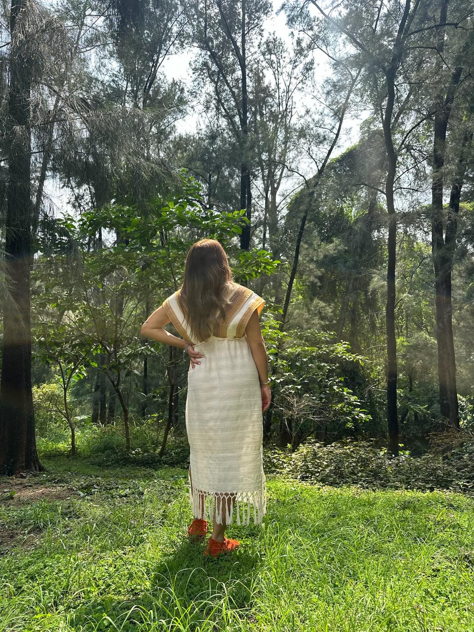 Vestido Nuba Beige, Franjas Cafe y Mostaza - Imagen 3