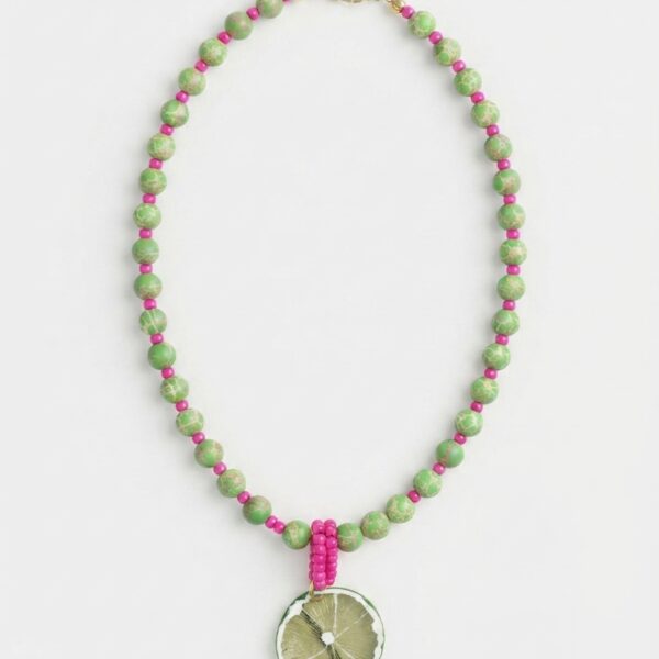 Collar Cuentas Verde y Fiusha