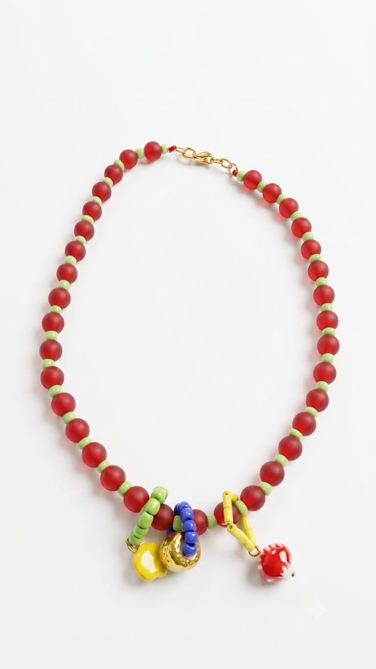 Collar Rojo con Verde y dijes de colores
